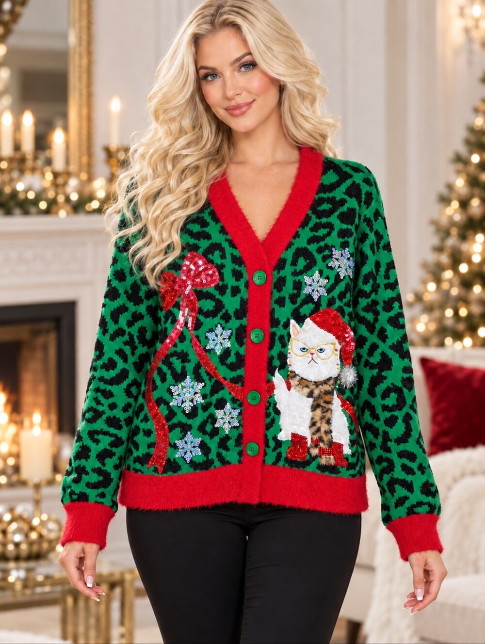 33 Degrees Green and Red Holiday Cat Cardigan Sweater